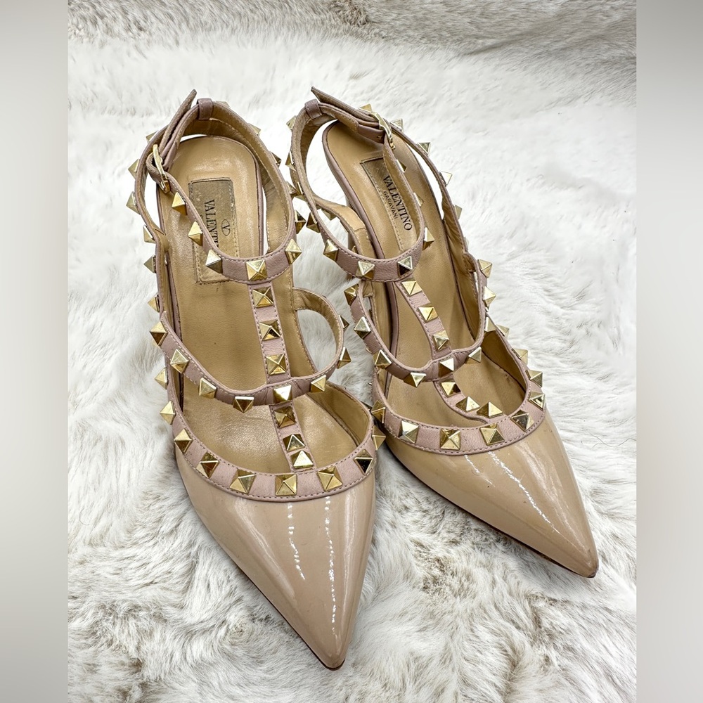 Valentino Rockstud T-‎ Strap Pointed Toe Pump tan heels 36 US 6 - Picture 4 of 16